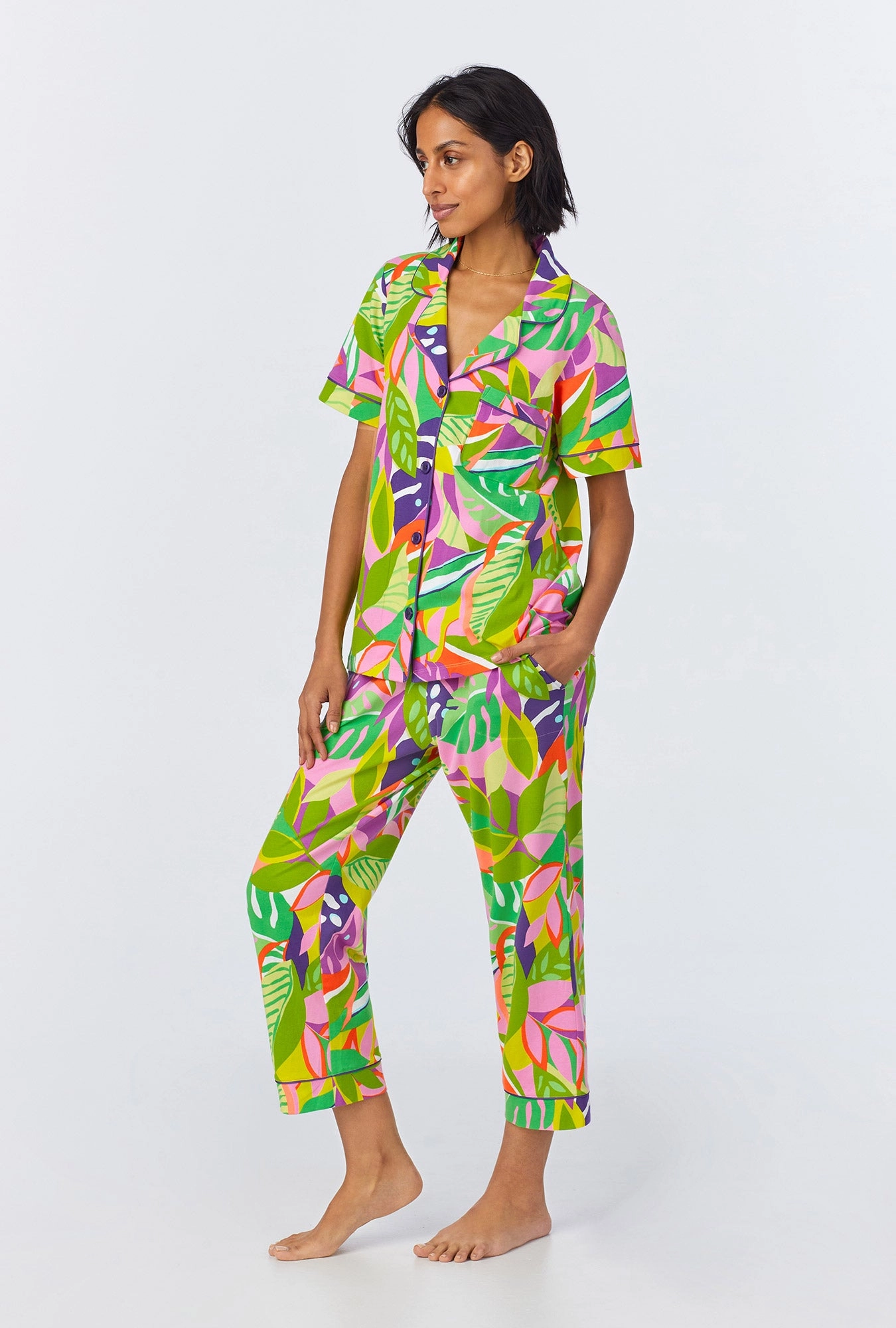 BedHead x Trina Turk Jungle Leaves Short Sleeve Classic Cropped Stretch Jersey PJ Set