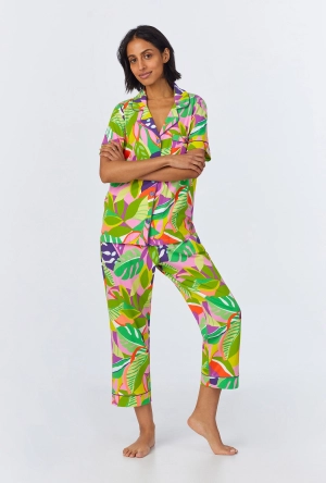 BedHead x Trina Turk Jungle Leaves Short Sleeve Classic Cropped Stretch Jersey PJ Set