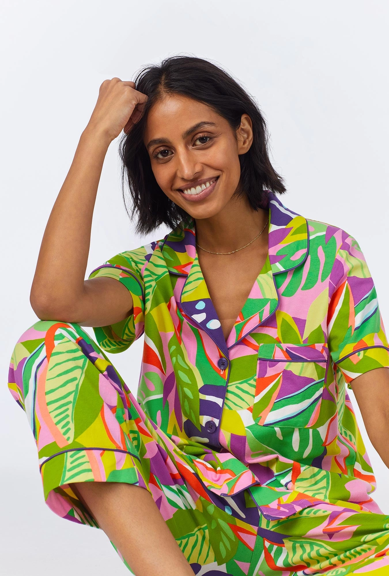 BedHead x Trina Turk Jungle Leaves Short Sleeve Classic Cropped Stretch Jersey PJ Set