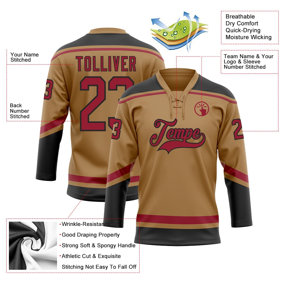 Custom Old Gold Cardinal-Black Hockey Lace Neck Jersey