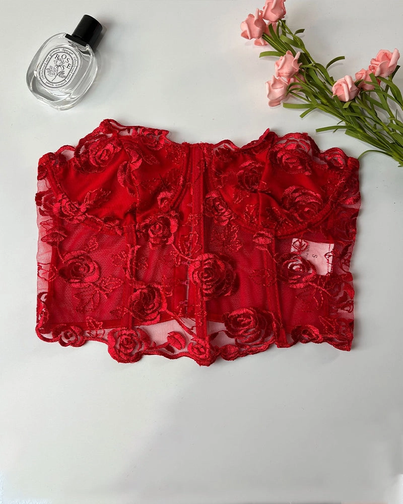 Floral Strapless Tube Top Boned Mesh Bustier