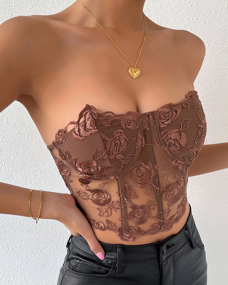 Floral Strapless Tube Top Boned Mesh Bustier