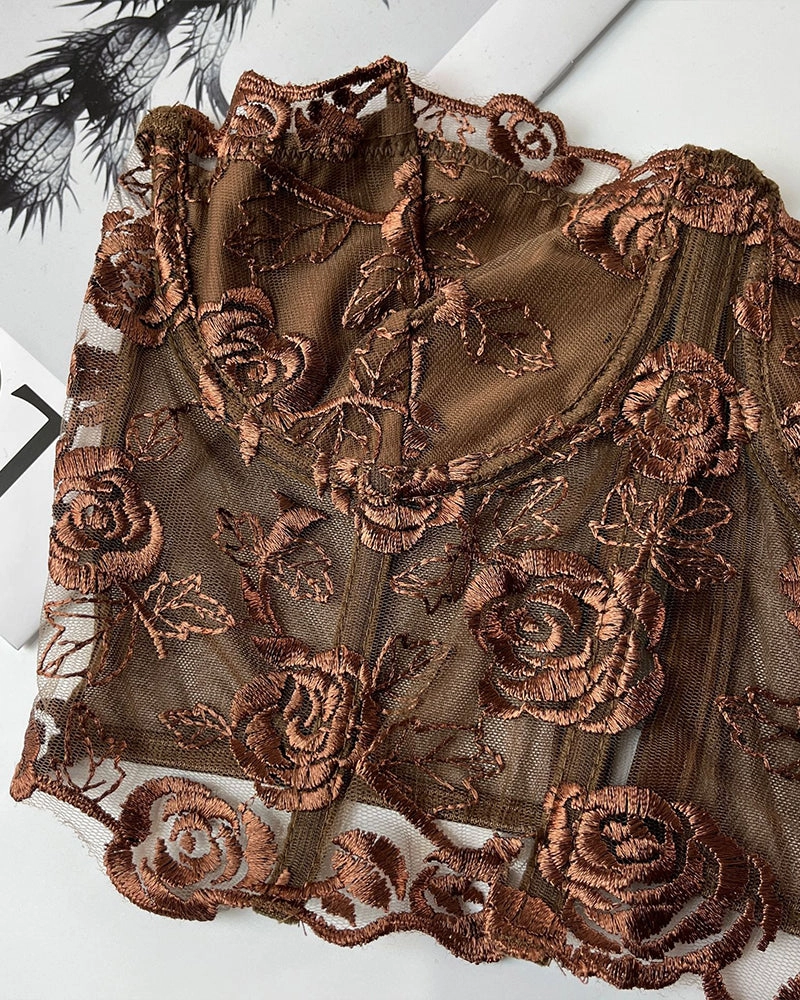 Floral Strapless Tube Top Boned Mesh Bustier