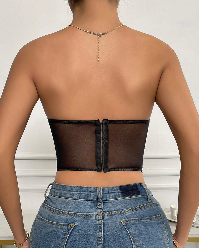 Floral Strapless Tube Top Boned Mesh Bustier