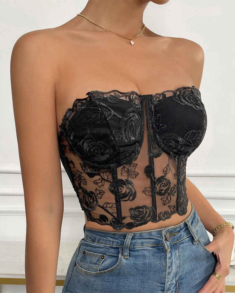 Floral Strapless Tube Top Boned Mesh Bustier