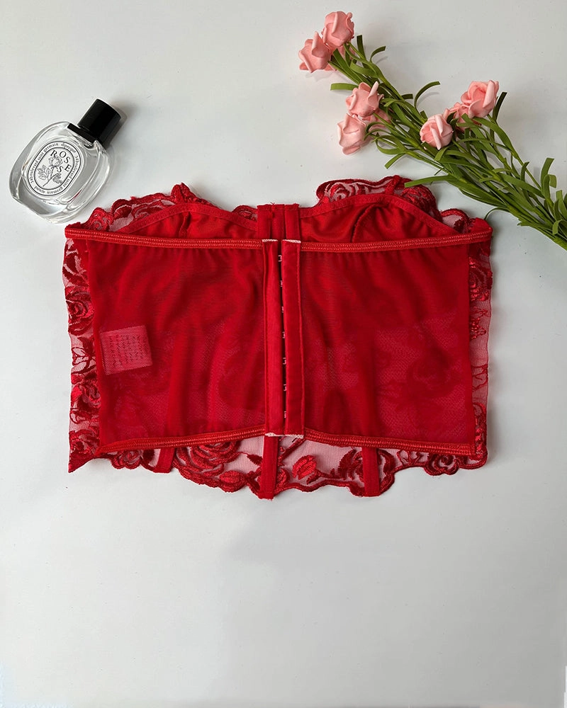 Floral Strapless Tube Top Boned Mesh Bustier