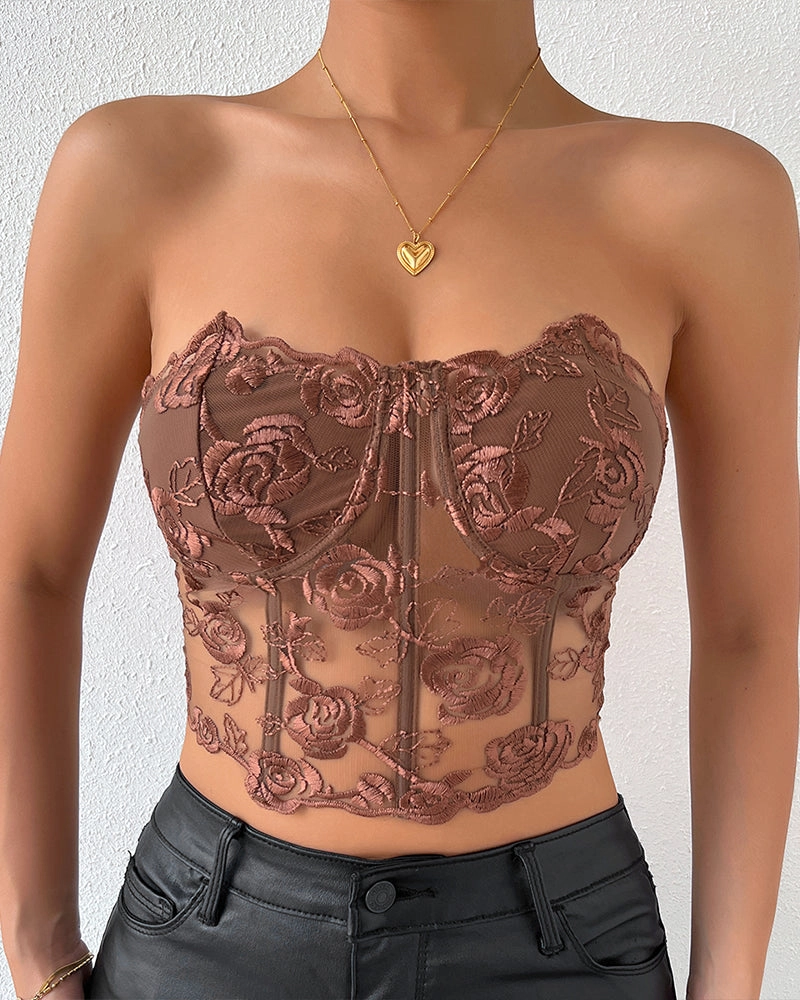 Floral Strapless Tube Top Boned Mesh Bustier