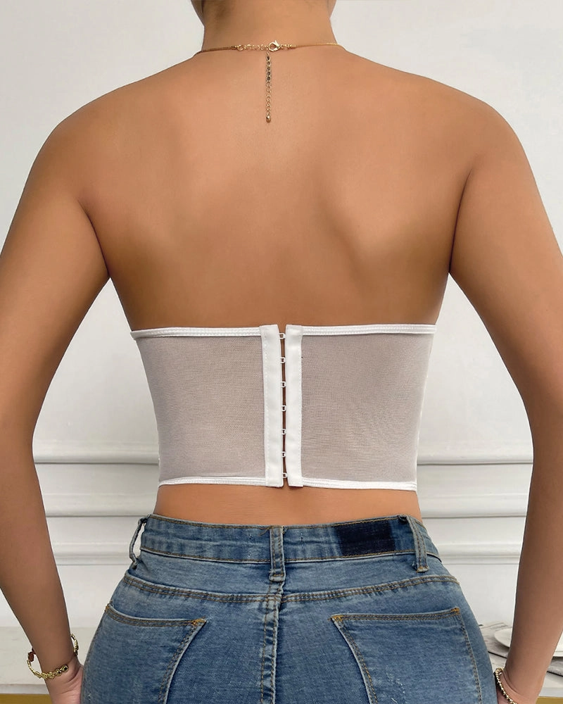 Floral Strapless Tube Top Boned Mesh Bustier