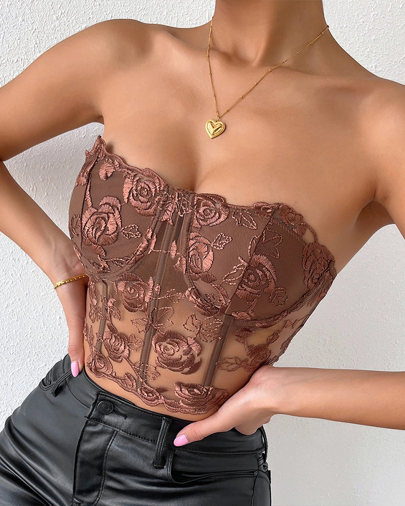 Floral Strapless Tube Top Boned Mesh Bustier