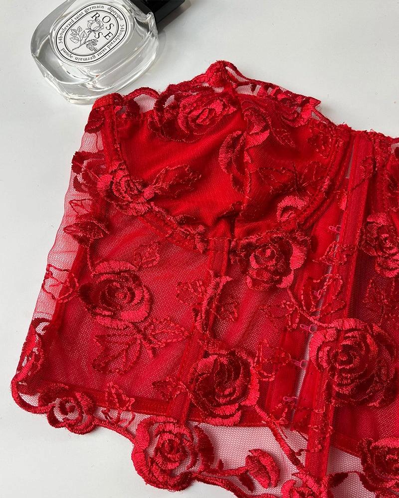 Floral Strapless Tube Top Boned Mesh Bustier