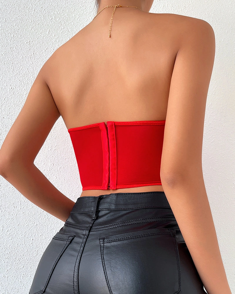Floral Strapless Tube Top Boned Mesh Bustier