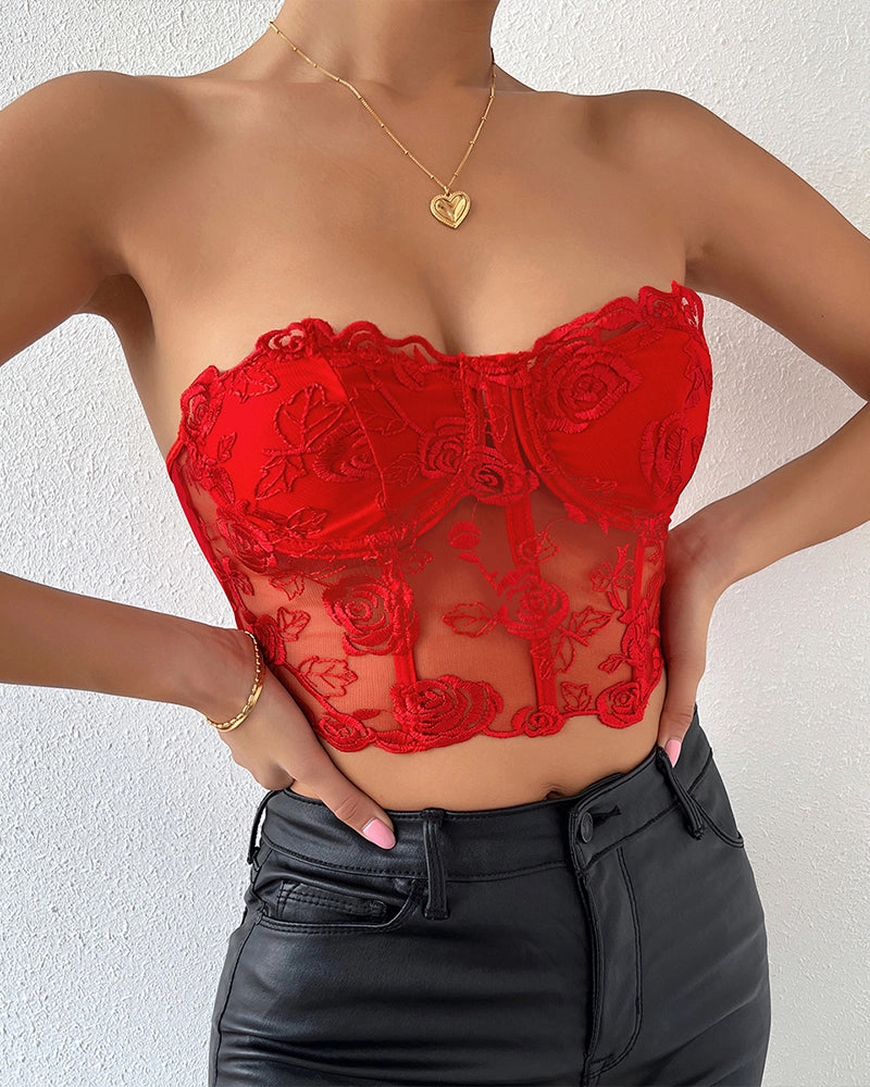Floral Strapless Tube Top Boned Mesh Bustier