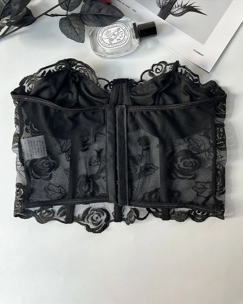 Floral Strapless Tube Top Boned Mesh Bustier