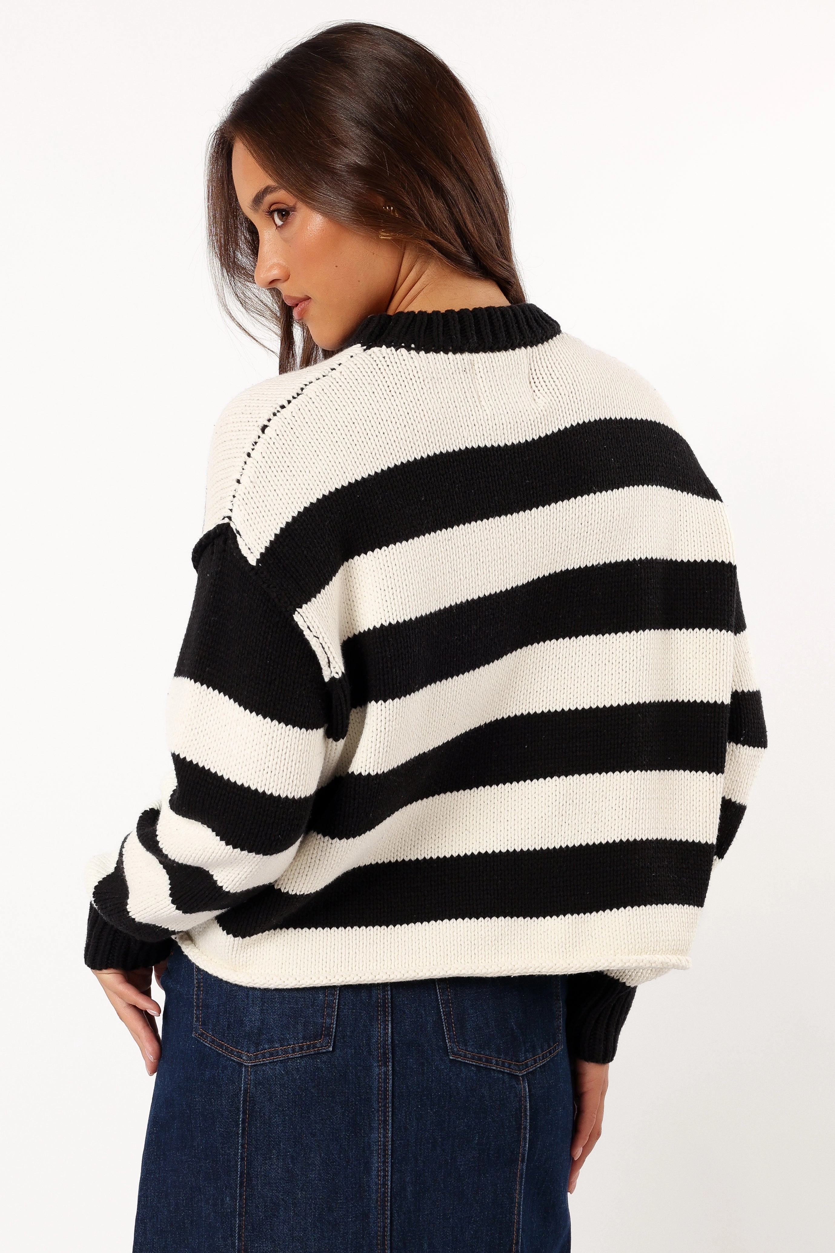 Gretchen Stripe Crewneck Knit Sweater - Black