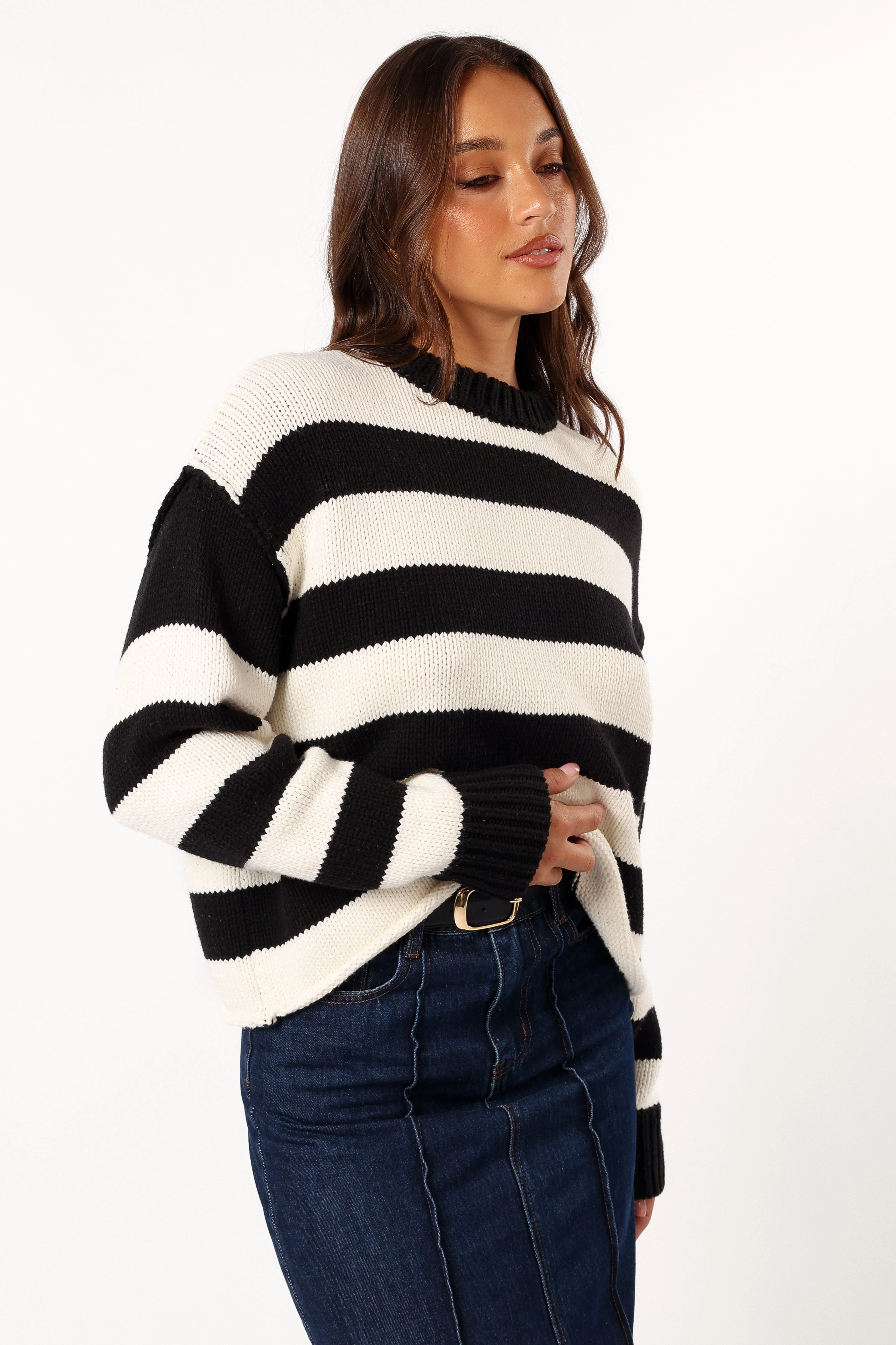 Gretchen Stripe Crewneck Knit Sweater - Black