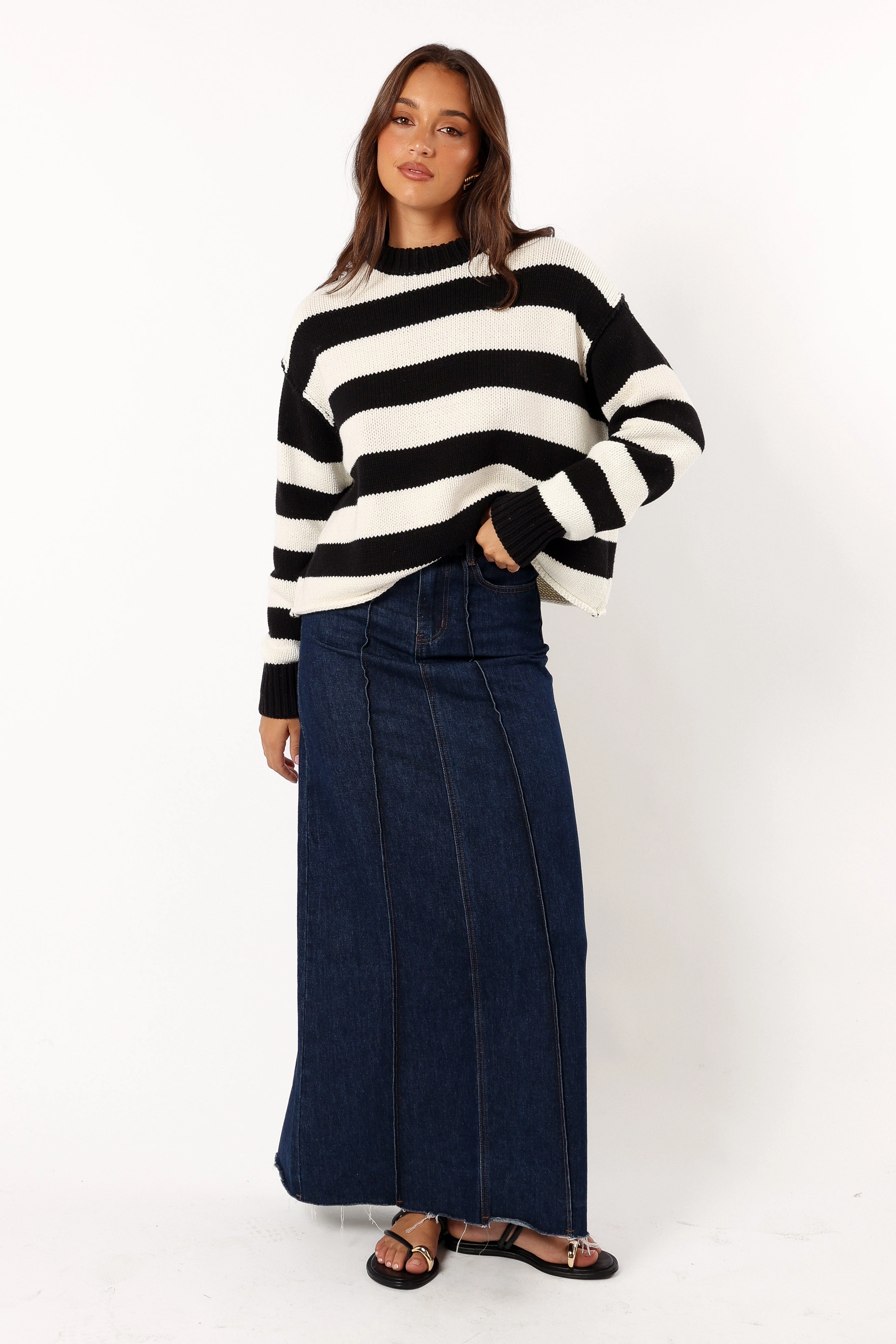 Gretchen Stripe Crewneck Knit Sweater - Black