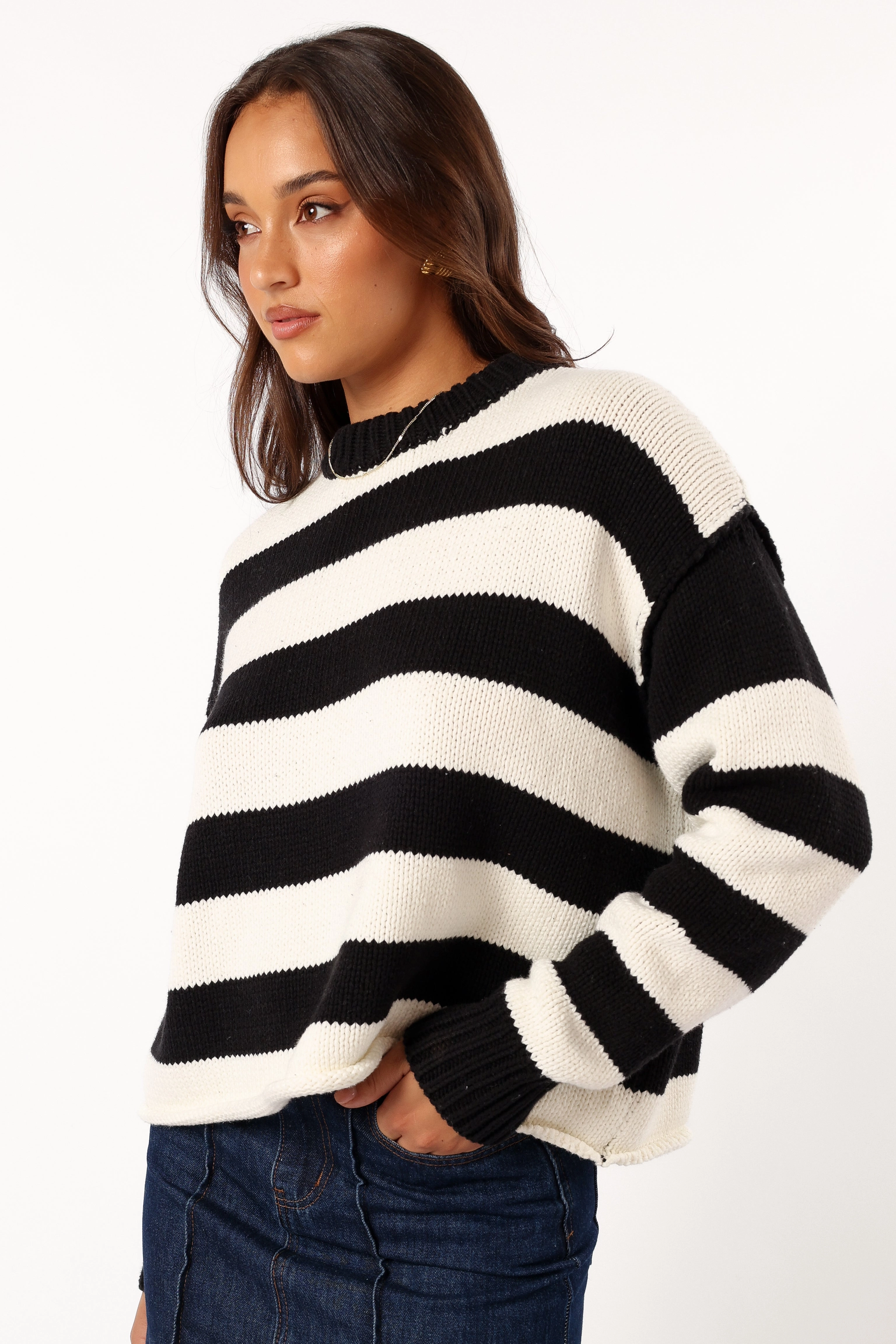 Gretchen Stripe Crewneck Knit Sweater - Black