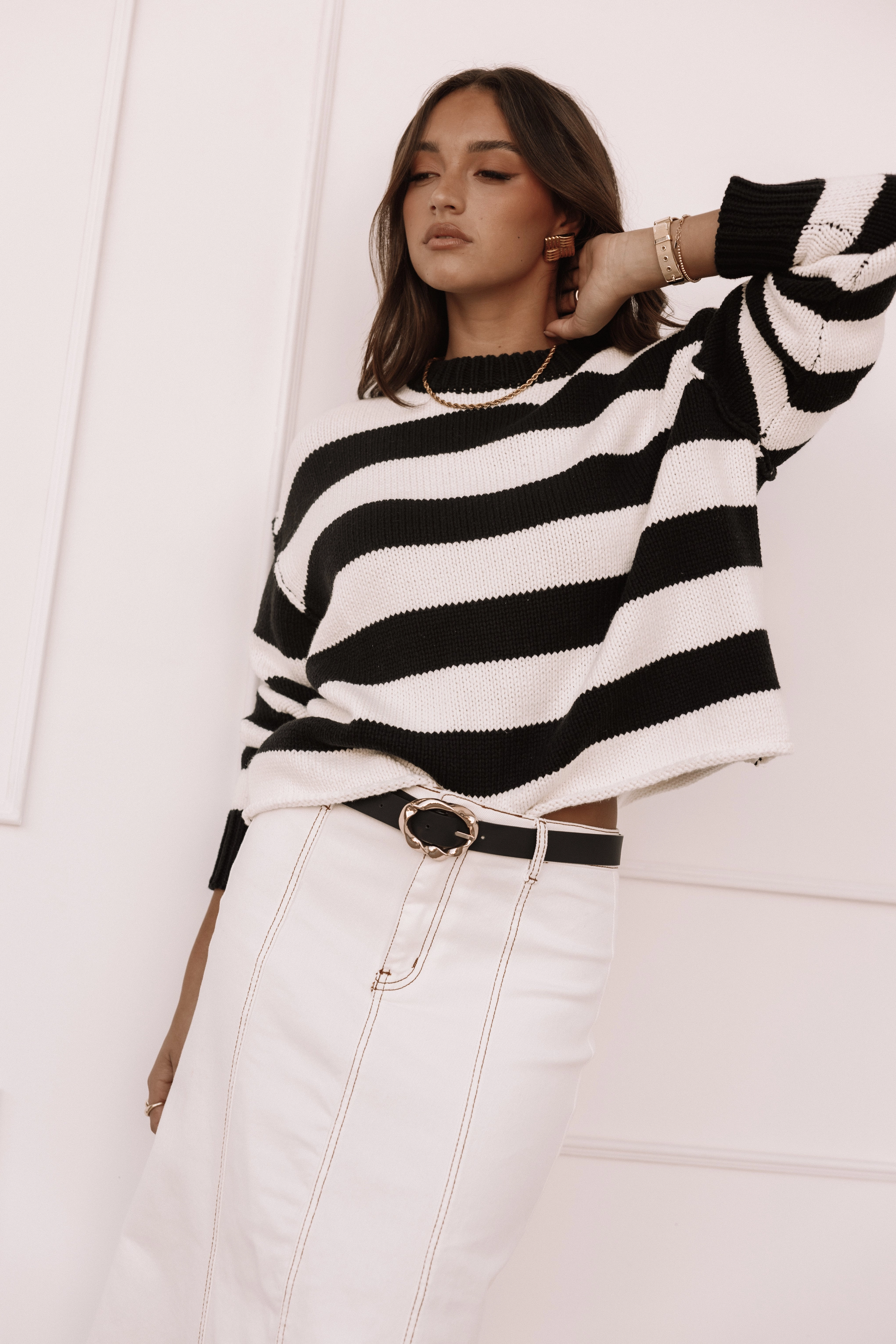Gretchen Stripe Crewneck Knit Sweater - Black