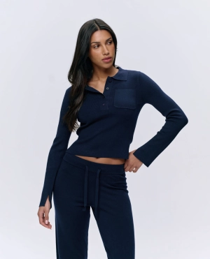 Knit Long Sleeve Button Up Top - Navy Blue