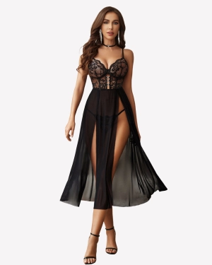 Lace Mesh Side Split Nightgown (DE Only)
