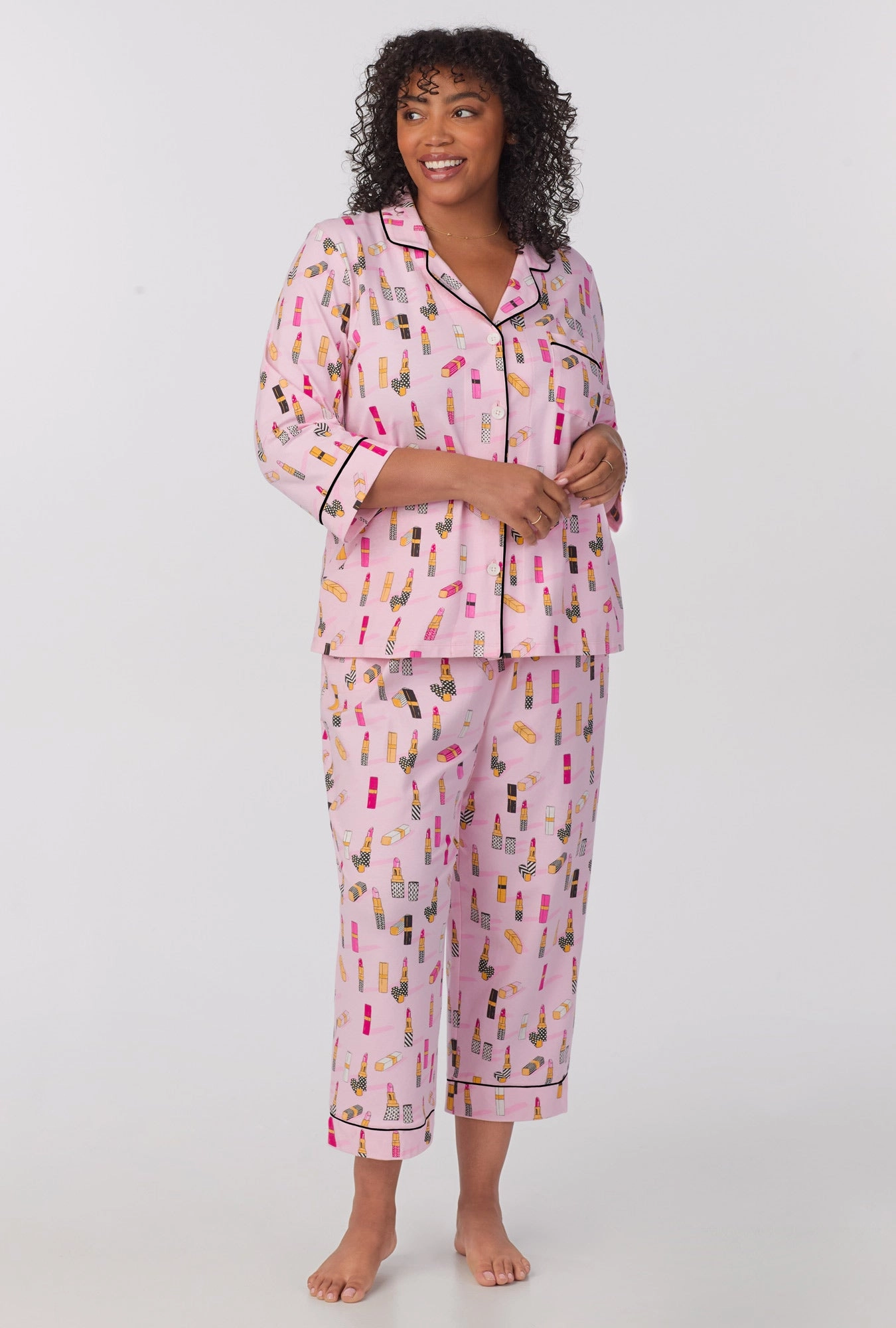 Pretty In Pink 3/4 Sleeve Classic Stretch Jersey Cropped PJ Set