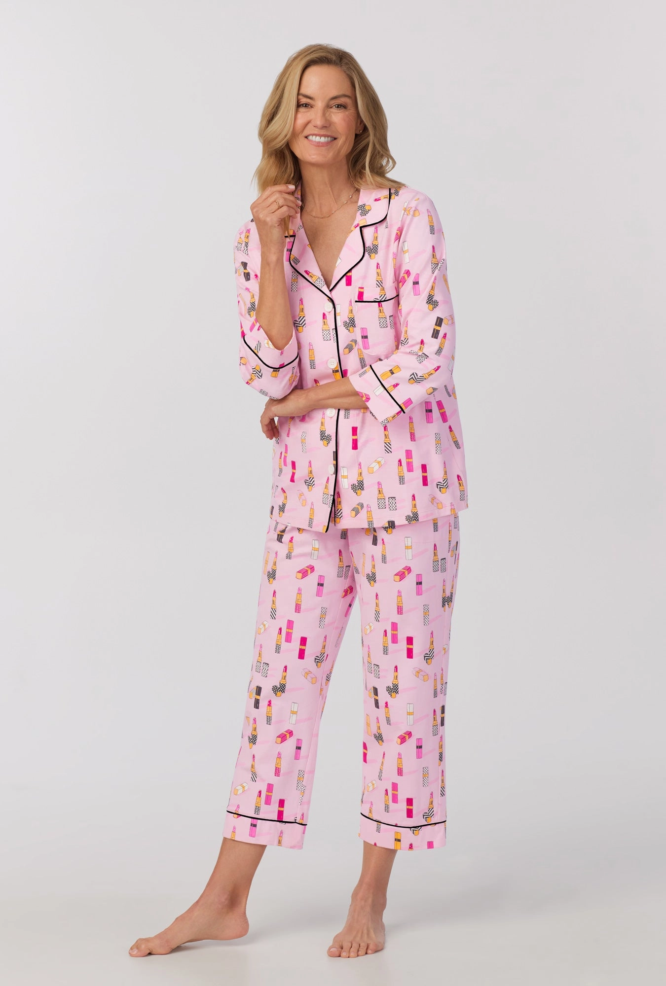 Pretty In Pink 3/4 Sleeve Classic Stretch Jersey Cropped PJ Set