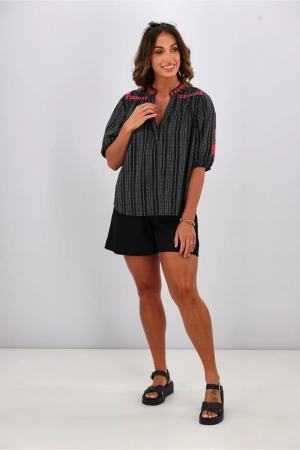 Shine On Label Makena Embroiderd Striped Top Black