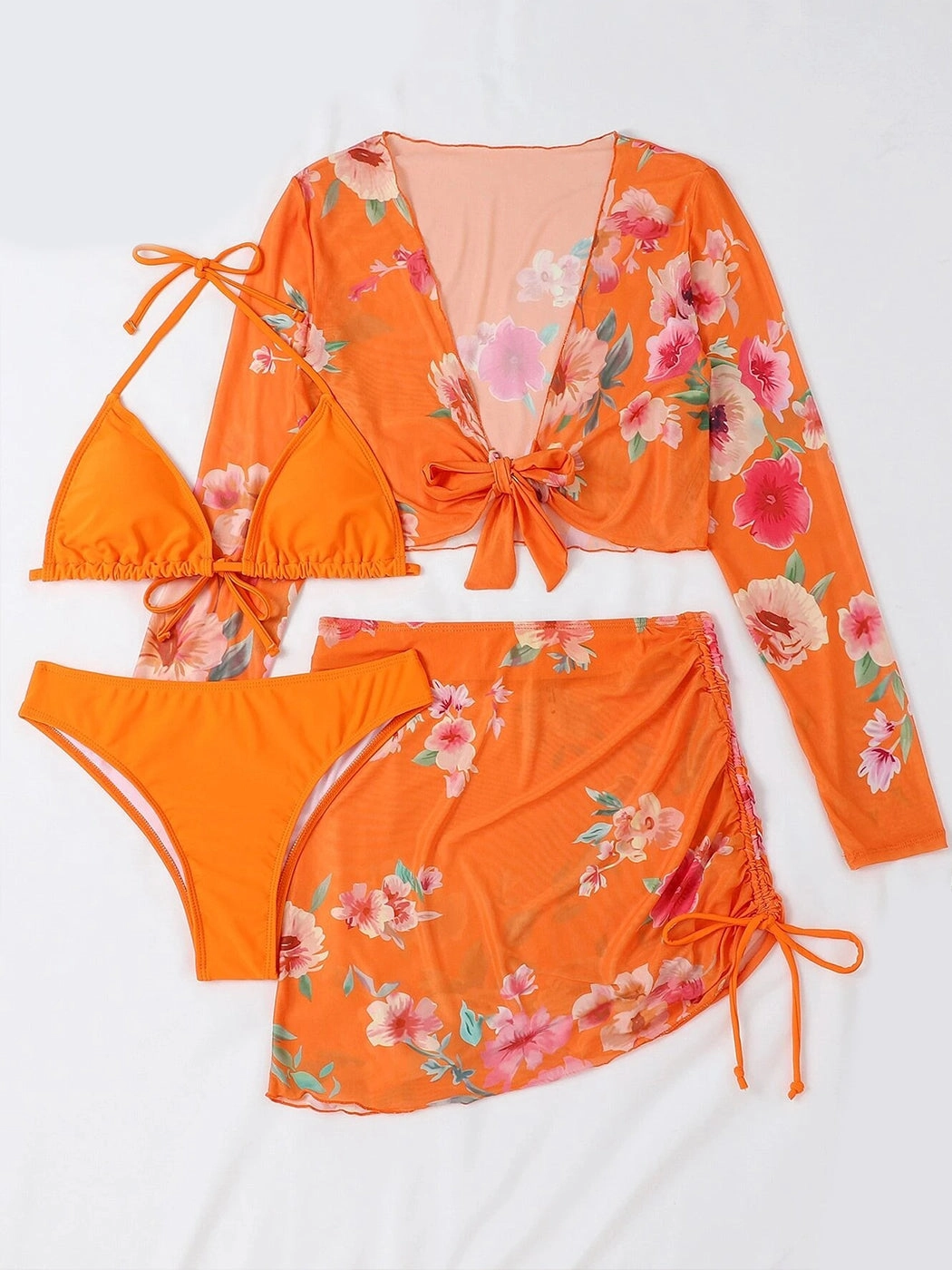 Solid Color Bikini Set with Printed Cover-up Set