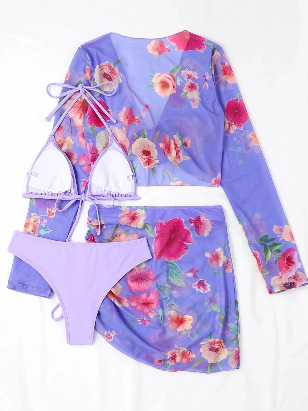 Solid Color Bikini Set with Printed Cover-up Set