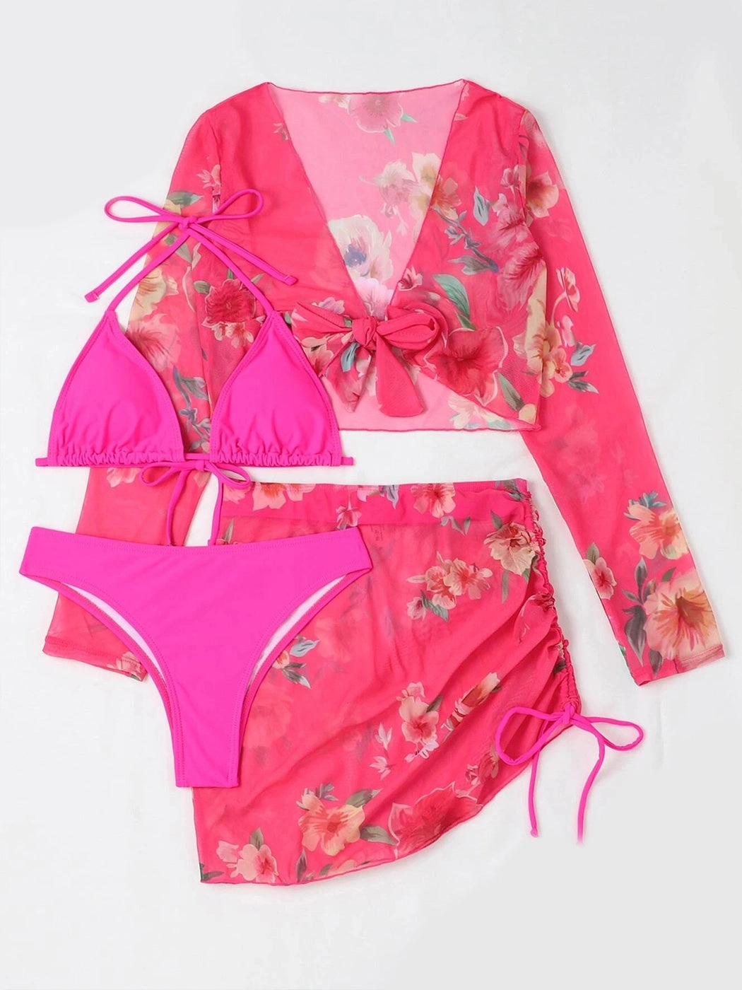 Solid Color Bikini Set with Printed Cover-up Set