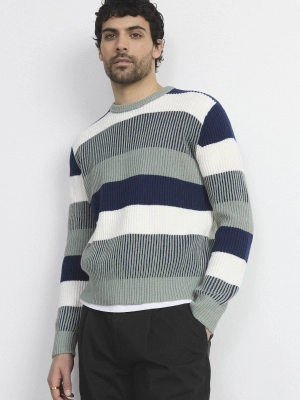 The Striped Ribbed Sweater in Grey Green