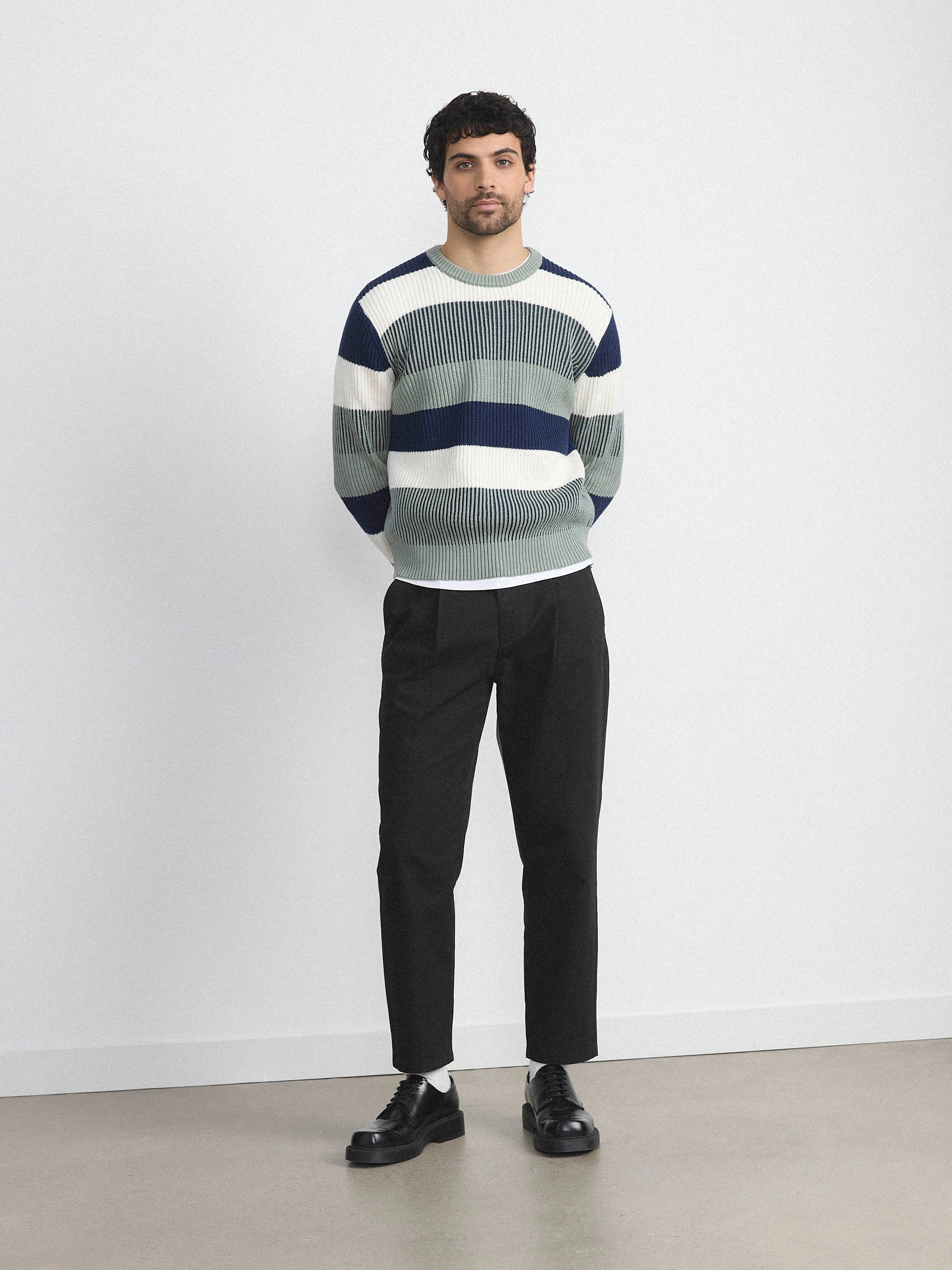 The Striped Ribbed Sweater in Grey Green